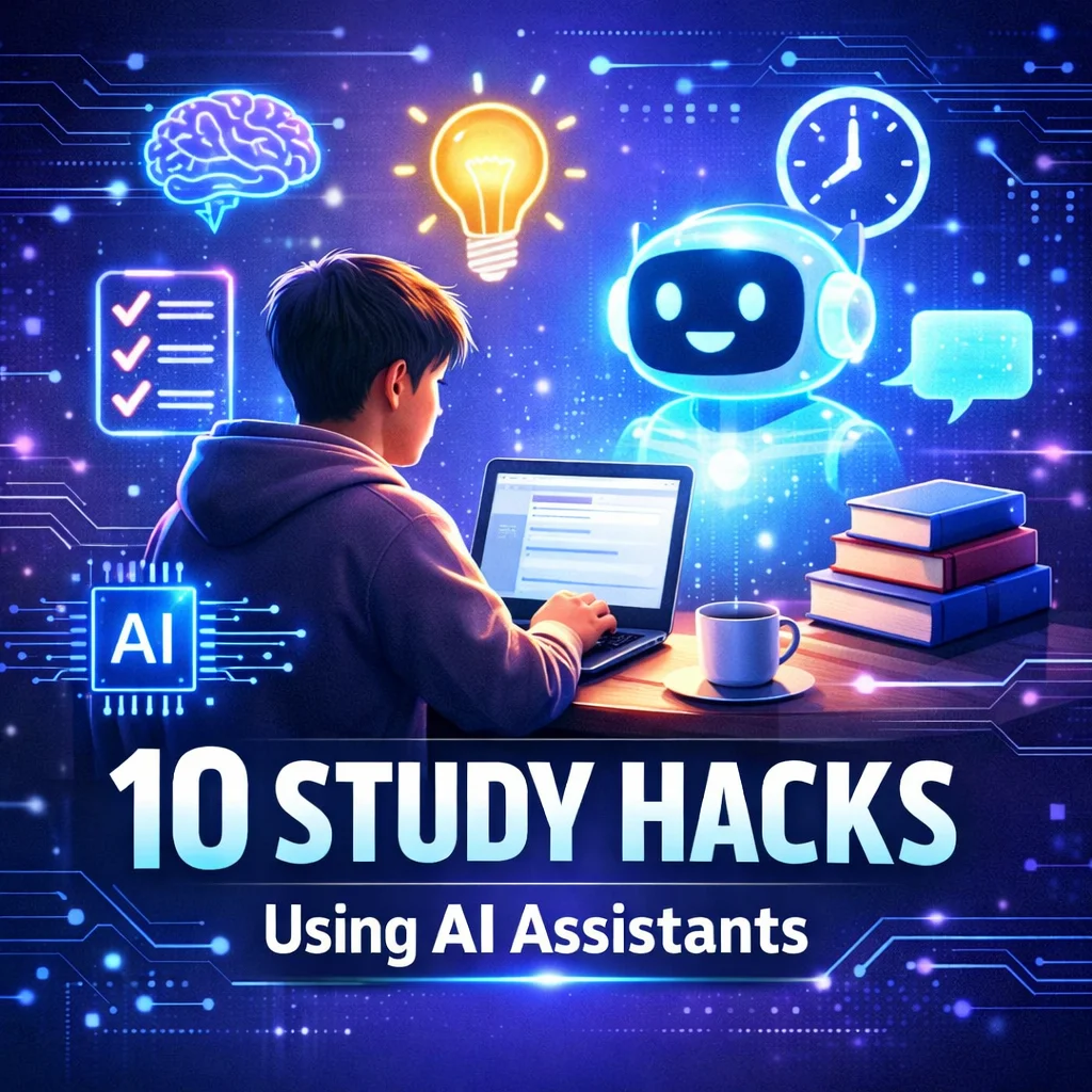 Student using AI assistant for study hacks productivity learning with AI tools 2026
