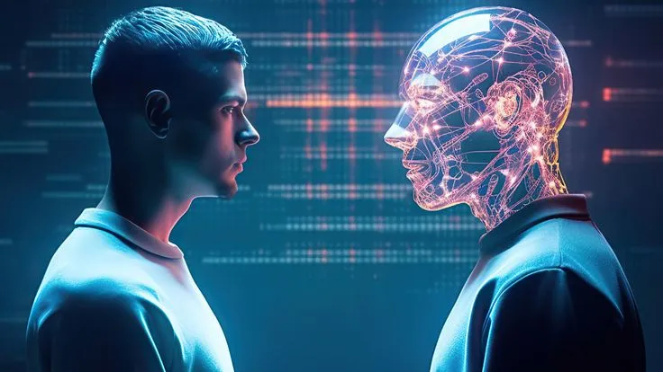 AI vs human creativity debate illustration showing a brain and a robot hand holding a paintbrush together